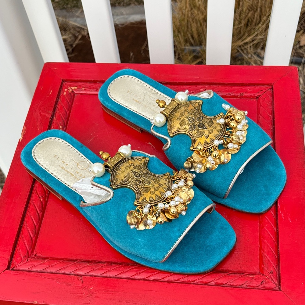 Elina Linardaki Made in Greece Tuquiose and Bronze Slides Size 7.5